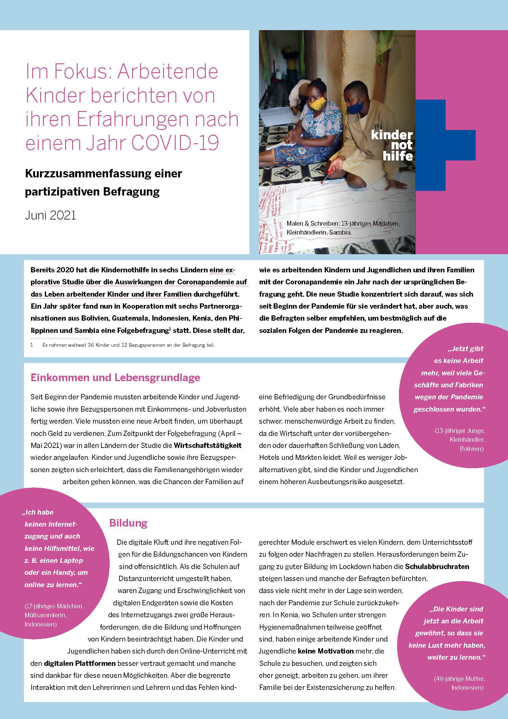 Coverbild Folgebefragung Studie "Auswirkungen der COVID-19-Pandemie auf das Leben von arbeitenden Kindern und Jugendlichen"